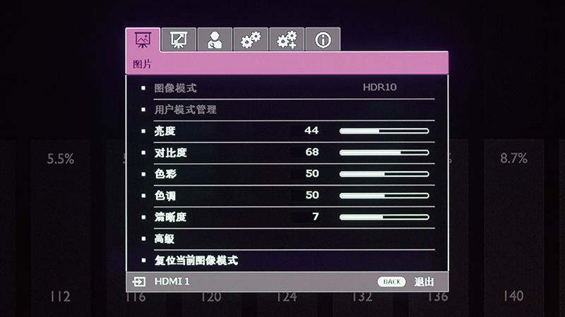 整個菜單延續了明基在家庭影院投影機方面一貫專業與完善的作風，在基本圖像調整功能方面，可以找到亮度、對比度、色彩、色調與清晰度的調整功能