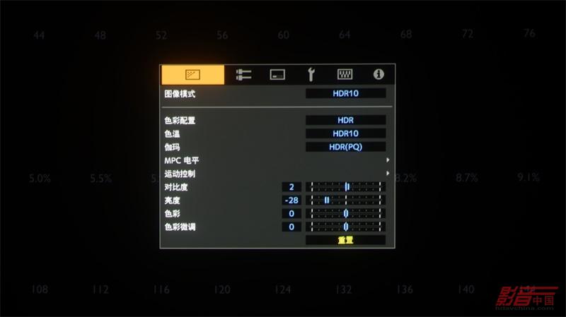 畫面功能菜單結構與JVC以往家庭影院投影機系列基本一致，在畫面基本調校菜單中可以找到圖像模式、色彩配置、色溫、伽瑪、MPC電平、運動控制、對比度、亮度、色彩與色彩微調功能
